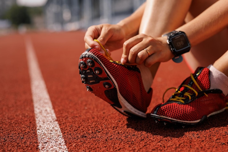 Photo athlète attachant des lacets de chaussures sur des chaussures de course sur un tapis roulant