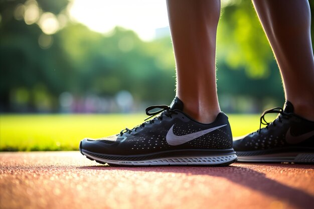 Athlète de bouteille d'eau noire attachant des chaussures pour une course sur piste dans un parc public promouvant un mode de vie sain