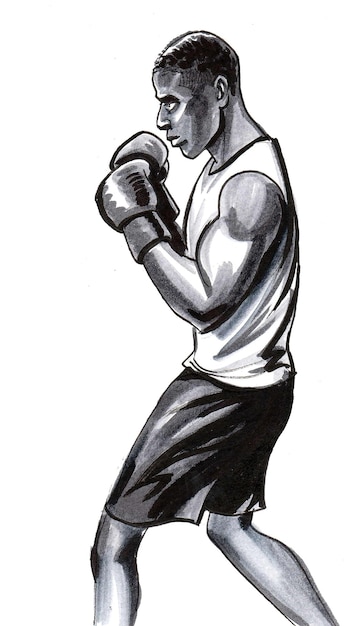 Photo athlète de boxe. dessin à l'encre et à l'aquarelle