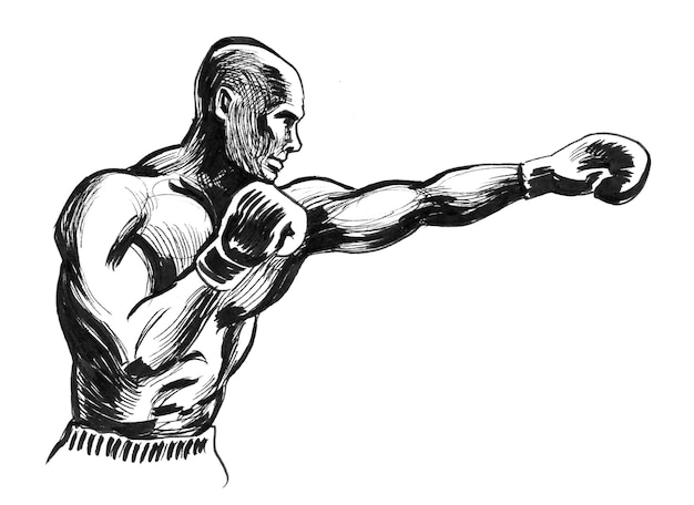 Athlète de boxe. Dessin noir et blanc à l'encre