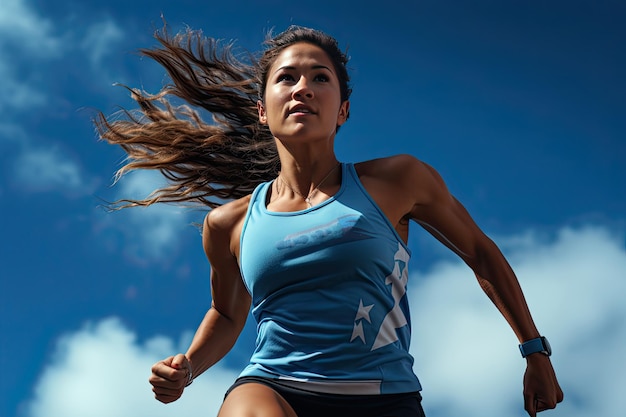 Une athlète en course dans un T-shirt bleu