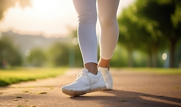 Un athlète court dans un parc en leggings blancs