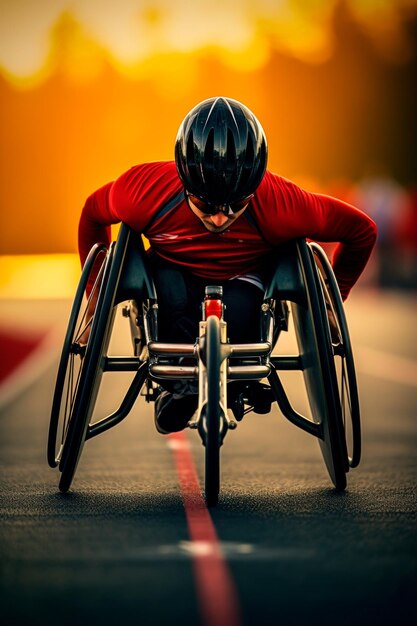 Photo un athlète dans un fauteuil roulant de course à la ligne de départ d'une piste