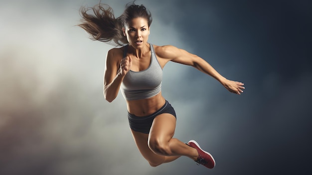 Athlète féminine active courant dans les airs lors d'une séance d'entraînement vigoureuse
