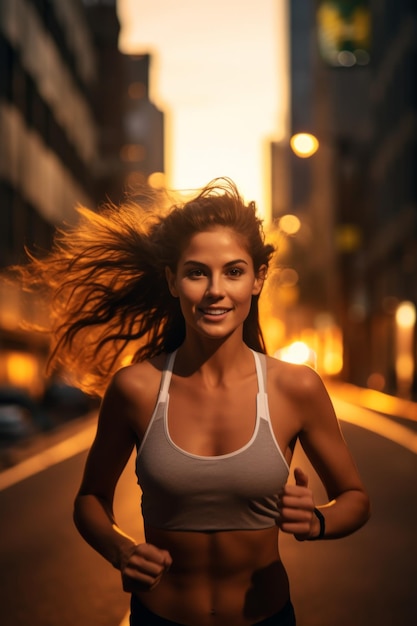 Athlète féminine court dans la rue avec des lumières floues derrière la femme qui court orientation verticale