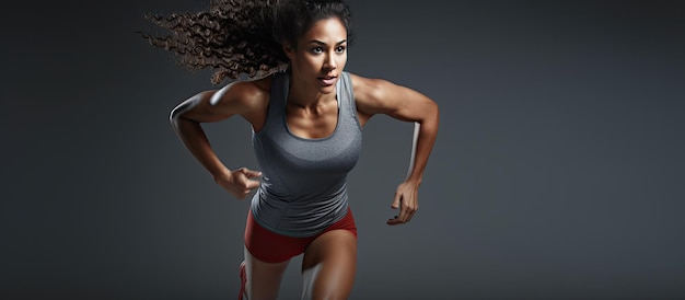 Athlète féminine prête prête pour le sprint sur fond gris