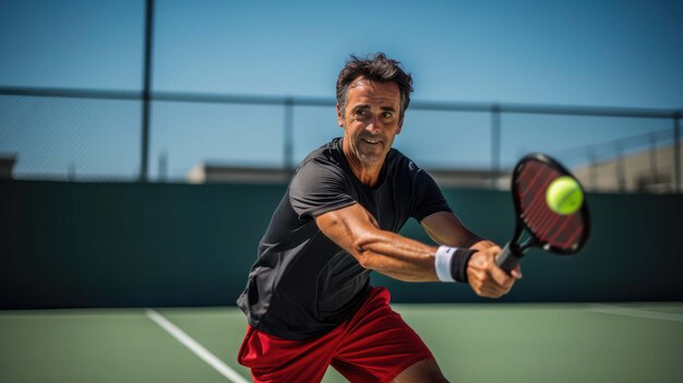 Un athlète frappant une balle dans un sport appelé pickleball