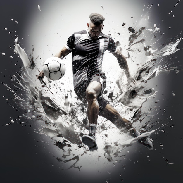 un athlète frappe le ballon dans le style d'une émulsion liquide imprimant du blanc foncé et du gris foncé
