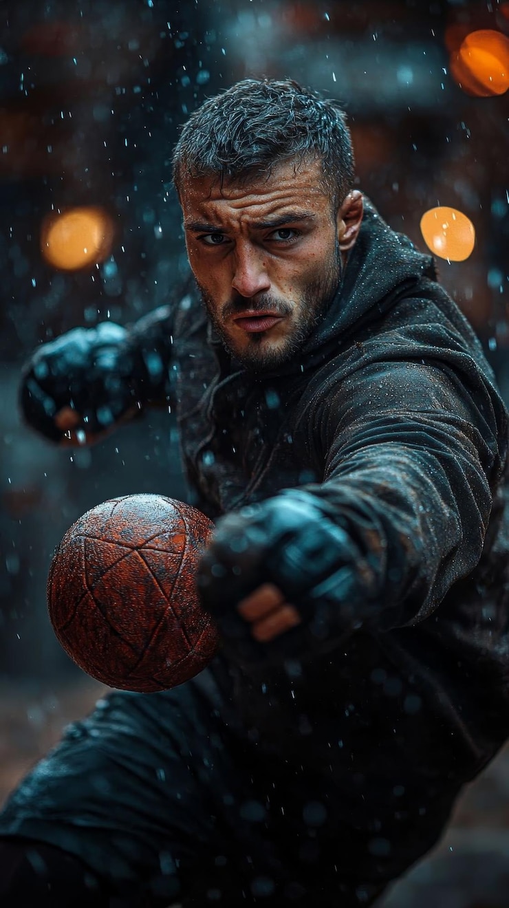 Photo un athlète lance un basket-ball sous la pluie.