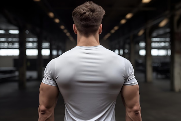 un athlète masculin en formation se tient le dos dans la salle de gym un athlète bodybuilder dans un T-shirt blanc un jeune homme avec une silhouette musclée