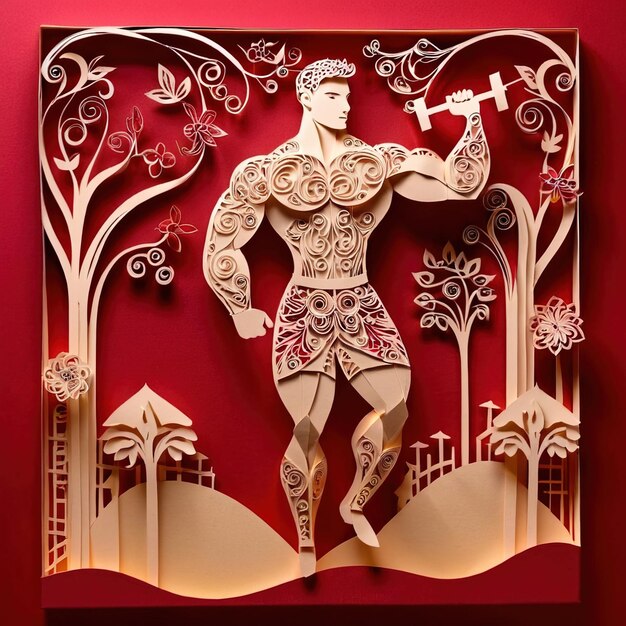 Athlète musclé de fitness conception traditionnelle faite de papier coupe de papier traditionnelle papier fabriqué à la main