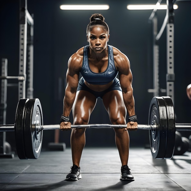 Photo athlète noir de crossfit faisant de l'exercice avec une barre