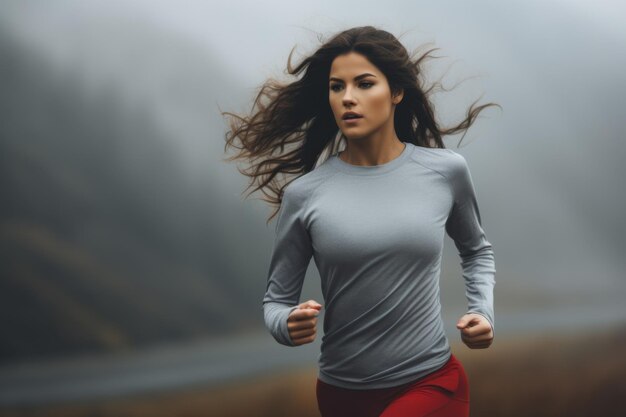 Une athlète professionnelle en action Portrait d'une belle femme faisant du jogging dans les montagnes brumeuses