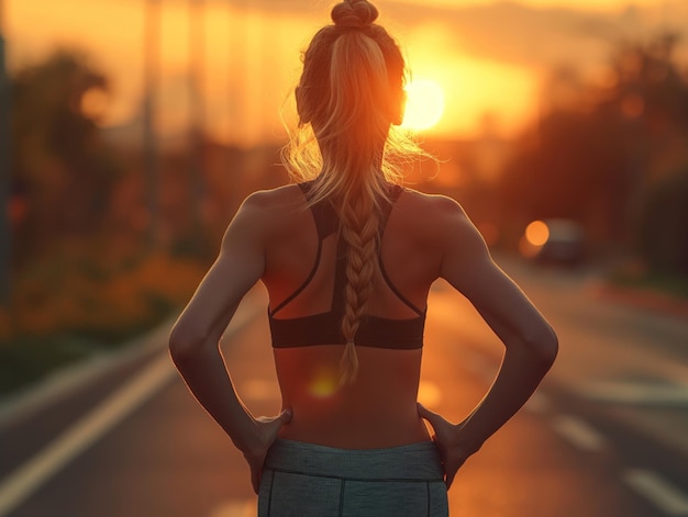 Une athlète qui court dans une rue de la ville, un coureur qui court dans la lumière du soleil, des vêtements de sport, un coucher de soleil brillant.