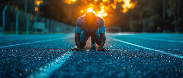 L'athlète se prépare à courir sur une piste bleue.