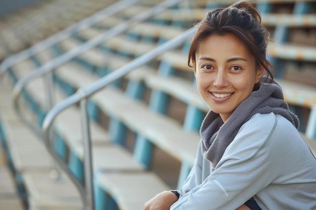 Athlète souriante après avoir effectué un exercice sportif d'entraînement avec une serviette femme japonaise assise sur des tribunes et des escaliers vides du stade