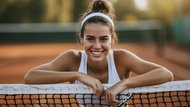 Athlète souriante avec une raquette appuyée sur un filet de tennis