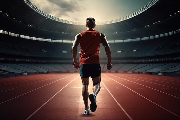 Athlète sportif coureur d'entraînement courir sur la voie au stade le matin coureur homme portant un gilet