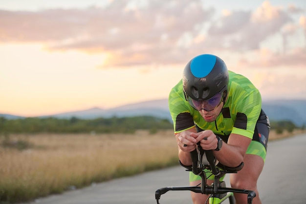 un athlète de triathlon à vélo