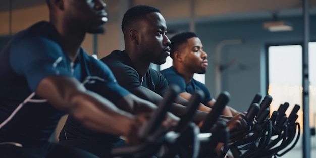 Photo athlètes concentrés en synchronisation pendant une séance de cyclisme en salle