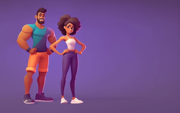 Photo athlètes de couple multiethnique mignon de dessin animé 3d homme et femme en forme de personnes en vêtements de sport