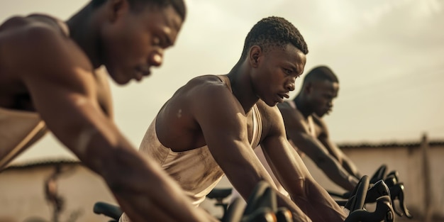 Photo des athlètes déterminés synchronisés pendant une séance de spinning en plein air