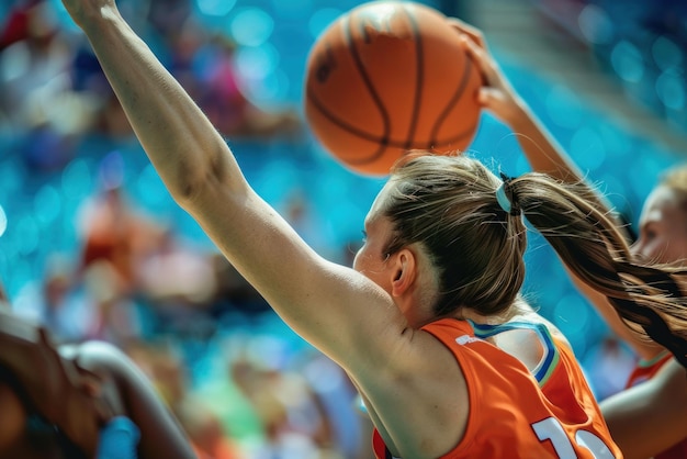 Photo les athlètes féminines jouent au basket aux jeux olympiques. une femme frappe la balle.