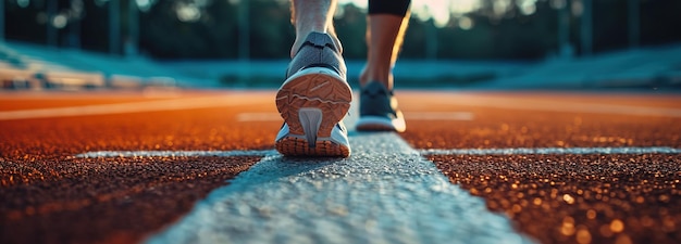 Photo athlètes masculins pieds en chaussures de course sur la ligne de départ du stade concept de marathon de coureur sportif