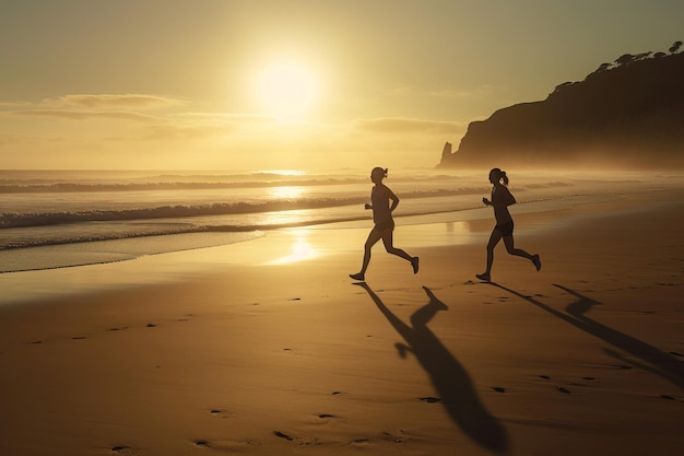 Les athlètes qui courent au lever du soleil, à la lumière du soleil, sur la plage, les sportifs actifs qui font du jogging, du sprint, du marathon au bord de la mer.