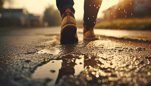 Les athlètes qui courent s'éclaboussent dans les rues humides de la ville générées par l'IA