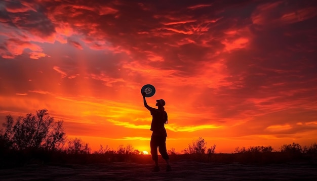 Athlètes silhouettés jouant au tennis au coucher du soleil à l'extérieur générés par l'IA