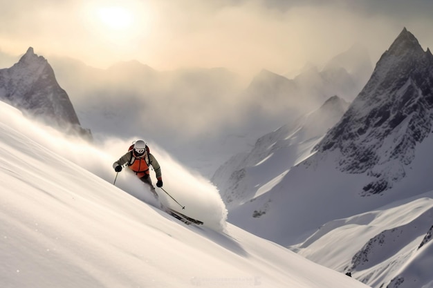 Les athlètes skieurs s'affrontent en descendant de la montagne de ski Maquette de bannière d'en-tête avec espace de copie AI
