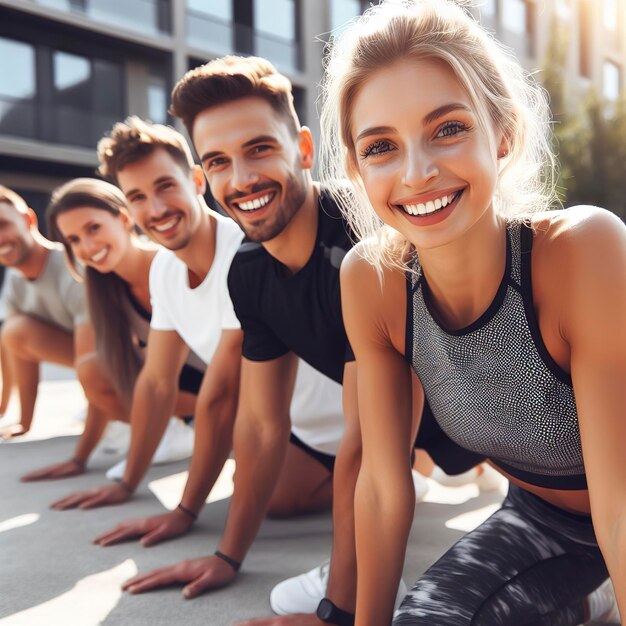 Des athlètes souriants faisant de l'exercice en plein air rayonnant de bonheur et de confiance.