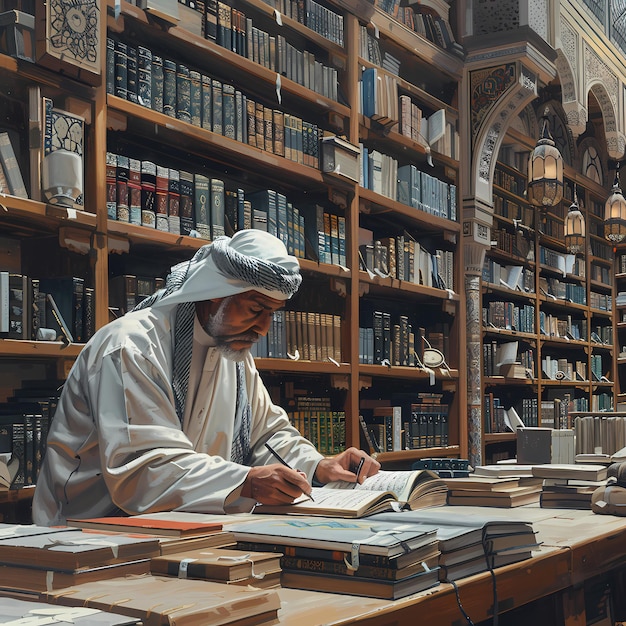 Atmosphère de bibliothèque intellectuelle avec un homme concentré qui lit un livre