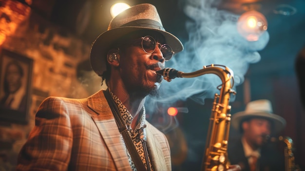 Atmosphère de club de jazz avec un musicien afro-américain jouant du saxophone en direct dans Vintage