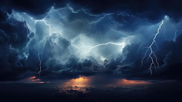 L'atmosphère devient tumultueuse avec des nuages sombres et des éclairs féroces peignant une scène de temps orageux intense. Généré par l'IA.