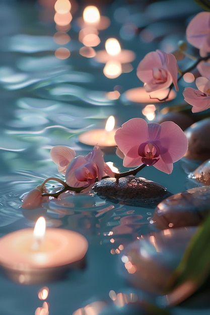 L'atmosphère du bain est tranquille, la pureté de l'orchidée, les pierres du spa, la chaleur des bougies.