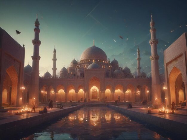 L'atmosphère du Ramadan Une belle mosquée LowPoly dans une gloire cinématographique générée par l'IA