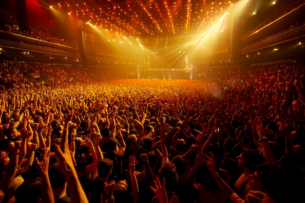 Atmosphère électrique salle de concert bondée de fans en extase dansant et acclamant la scène en pleine vue