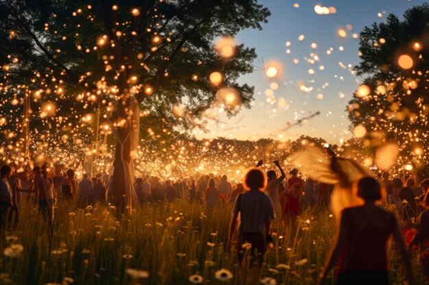 Photo l'atmosphère de la fête des lucioles les gens se sont rassemblés dans un champ orné de lumières de fées