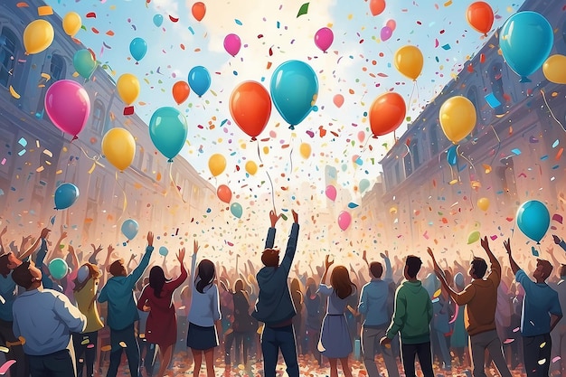 Une atmosphère joyeuse avec des ballons et des confettis