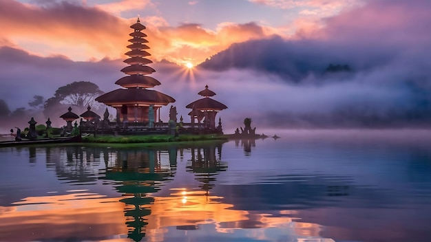 Une atmosphère paisible tôt le matin au lever du soleil au-dessus du temple Pura Ulun Danu, l'icône de Bali.