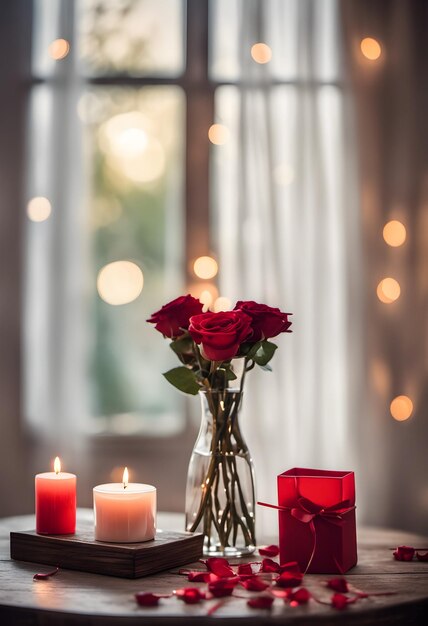 Atmosphère romantique avec des roses rouges dans un vase avec des bougies et une petite boîte cadeau