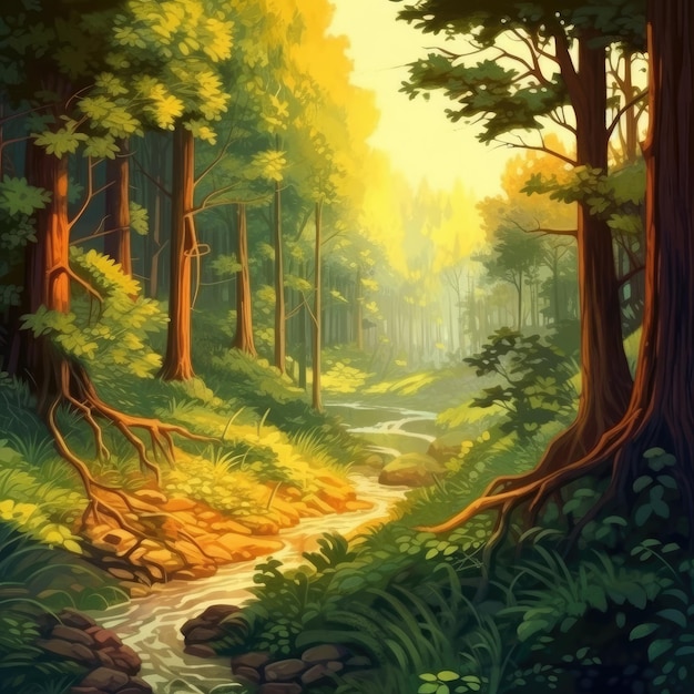 L'atmosphère sereine de la forêt, la beauté mystique et les éléments naturels Illustration Generative AI
