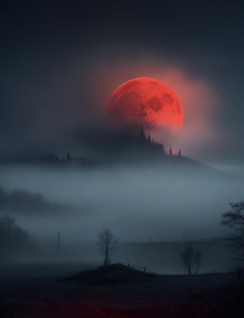 Une atmosphère sombre et effrayante plane sur un paysage couvert de brouillard éclairé par une lune de sang rouge foncé.