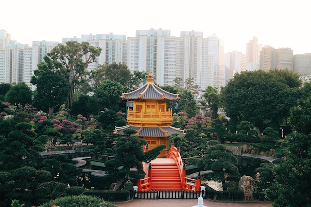 L'atmosphère d'un temple avec vue sur l'arbre et le bâtiment de la ville