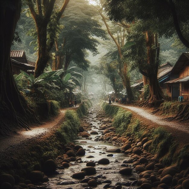 Photo atmosphère de village en indonésie avec des rivières et des forêts