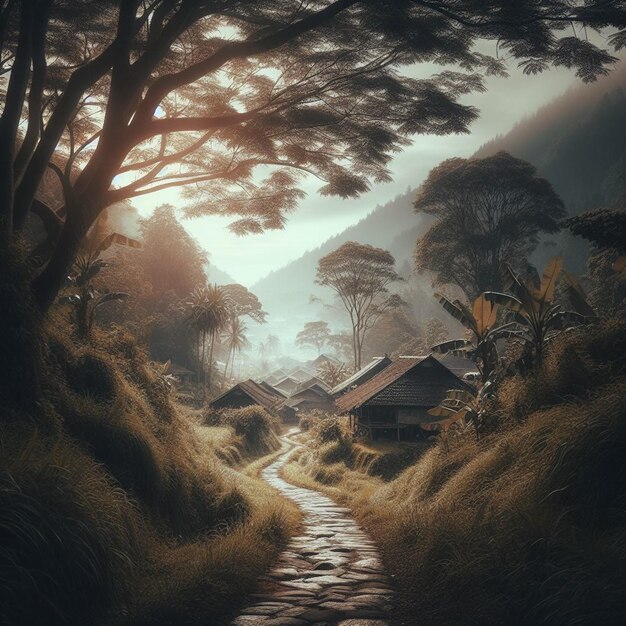 Photo atmosphère de village en indonésie avec des rivières et des forêts