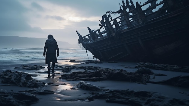 Atmosphères dystopiques Homme debout sur la plage avec un navire brisé