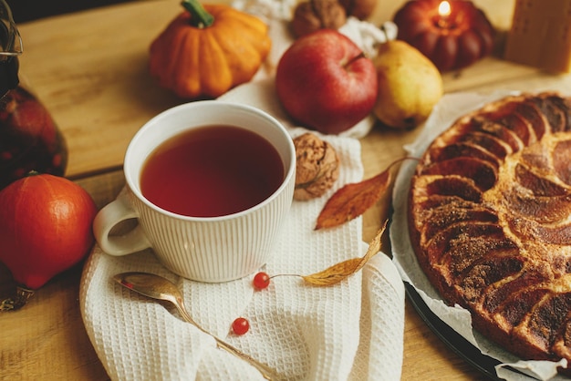 Atmosphérique nature morte d'automne thé chaud dans une tasse sur une table en bois rustique avec une tarte aux pommes fraîchement cuite